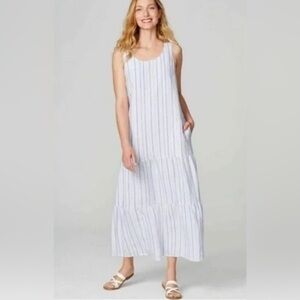J Jill Love LINEN Striped Sleeveless Maxi Dress Blue White Size S